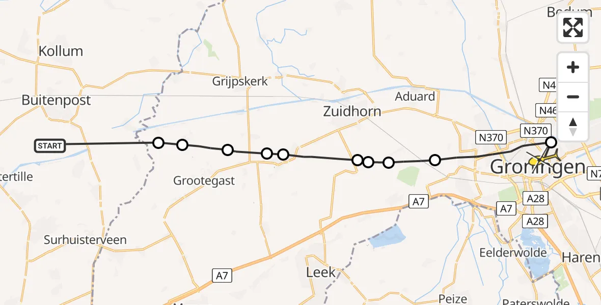 Routekaart van de vlucht: Ambulanceheli naar Universitair Medisch Centrum Groningen, Eesterweg