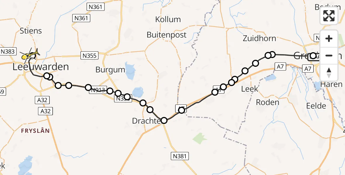 Routekaart van de vlucht: Ambulanceheli naar Vliegbasis Leeuwarden, Van Goghstraat