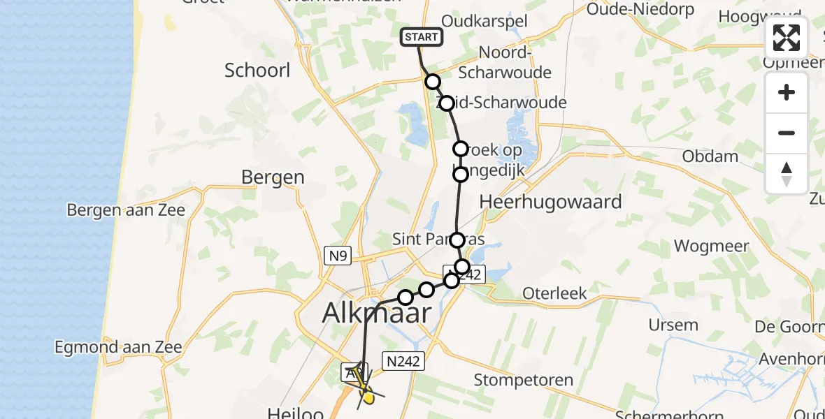 Routekaart van de vlucht: Lifeliner 1 naar Alkmaar, Schagerweg