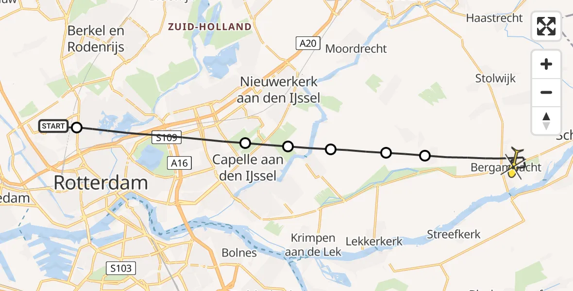 Routekaart van de vlucht: Lifeliner 2 naar Bergambacht, Zestienhoven