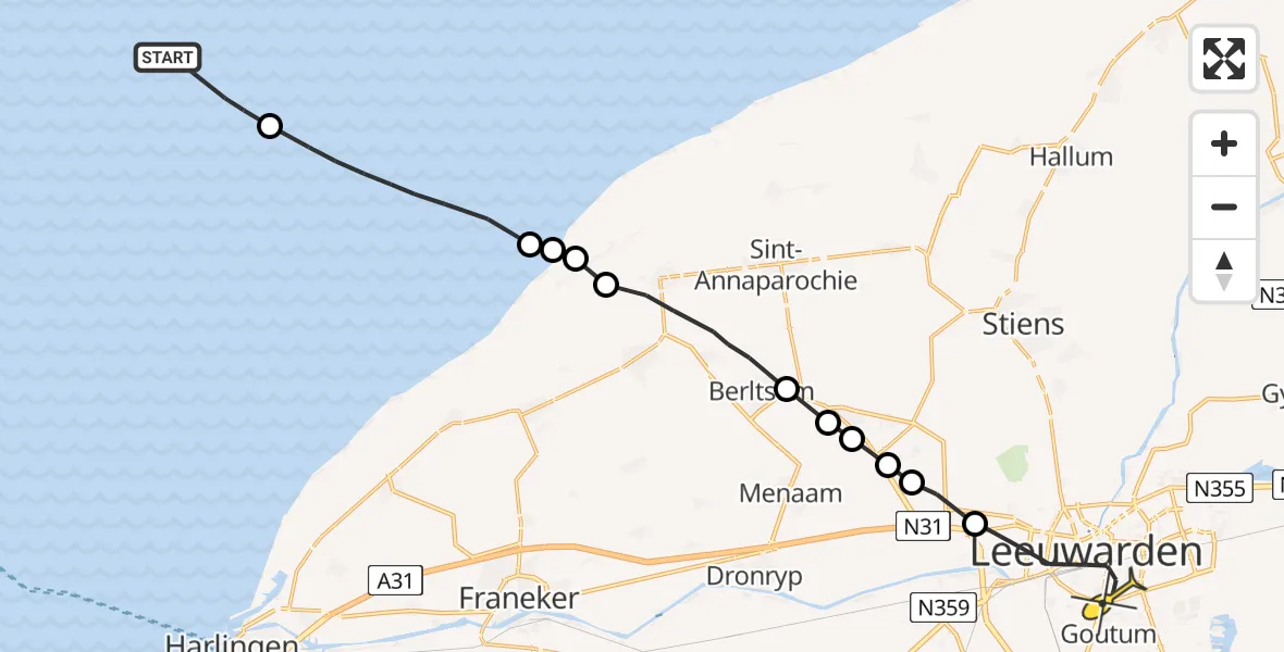 Routekaart van de vlucht: Ambulanceheli naar Leeuwarden, Oost Meep