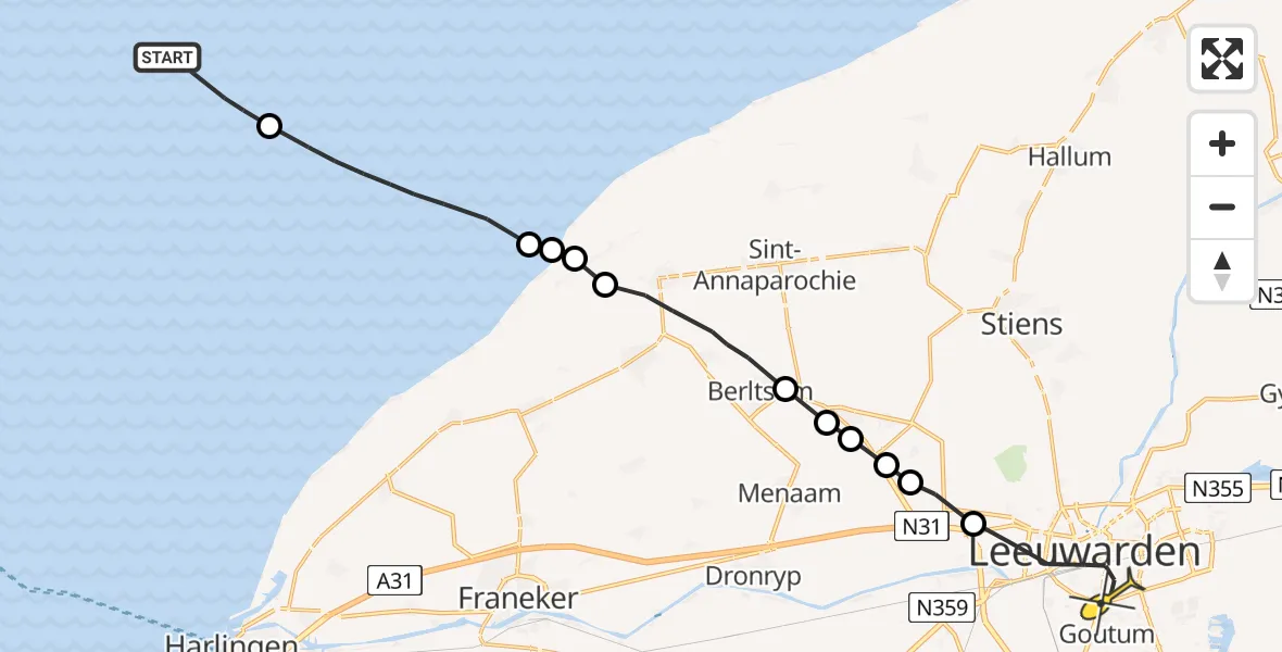 Routekaart van de vlucht: Ambulancehelikopter naar Leeuwarden, Oost Meep