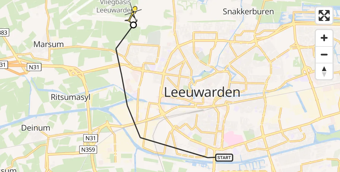 Vluchtroute Ambulancehelikopter van Leeuwarden naar Vliegbasis Leeuwarden