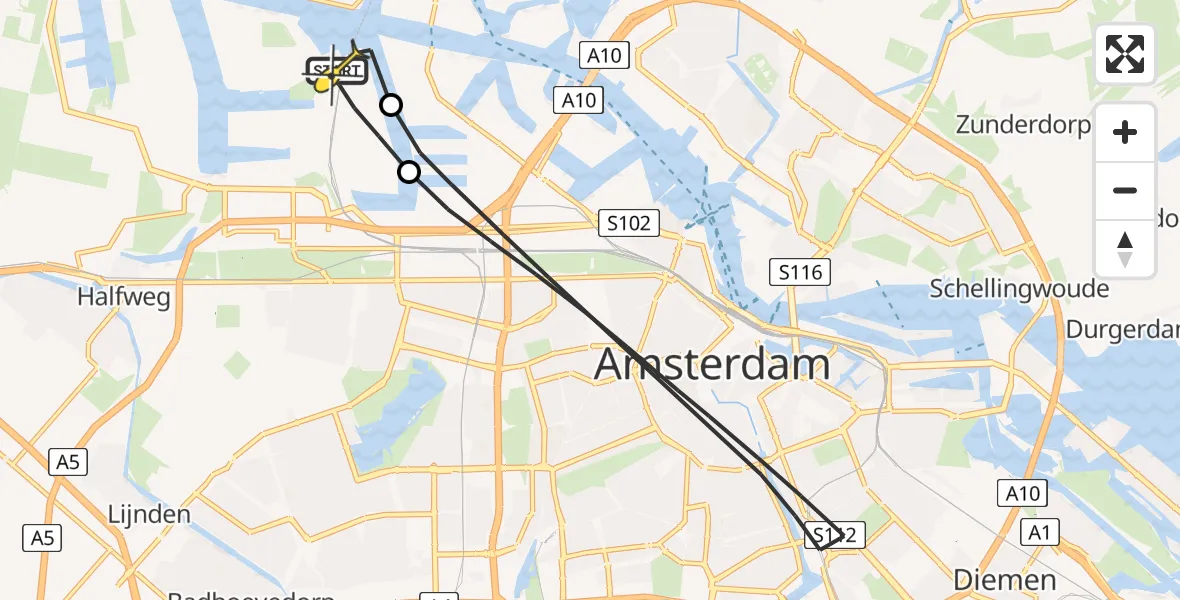 Routekaart van de vlucht: Lifeliner 1 naar Amsterdam Heliport, Westhaven