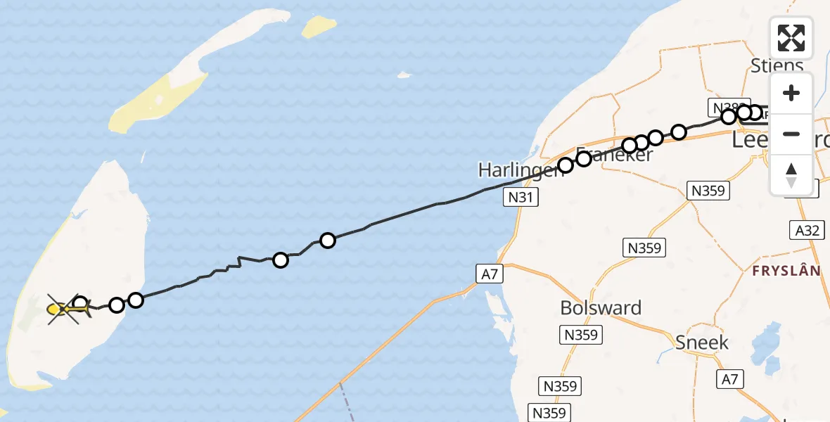 Routekaart van de vlucht: Ambulanceheli naar Den Burg, Tilledyk