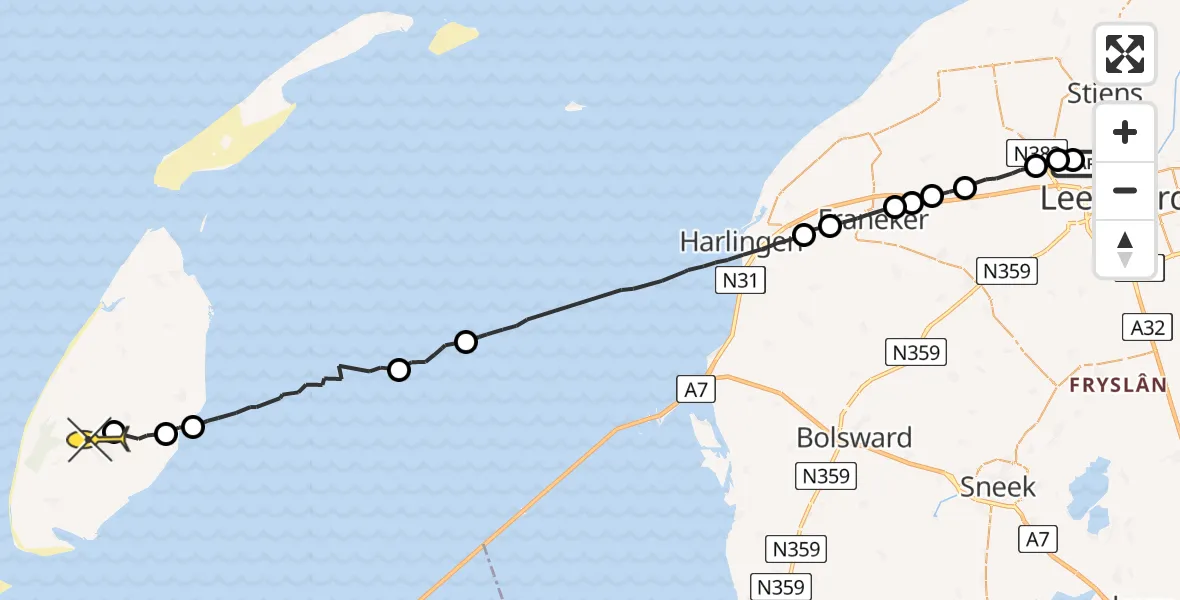 Routekaart van de vlucht: Ambulancehelikopter naar Den Burg, Tilledyk