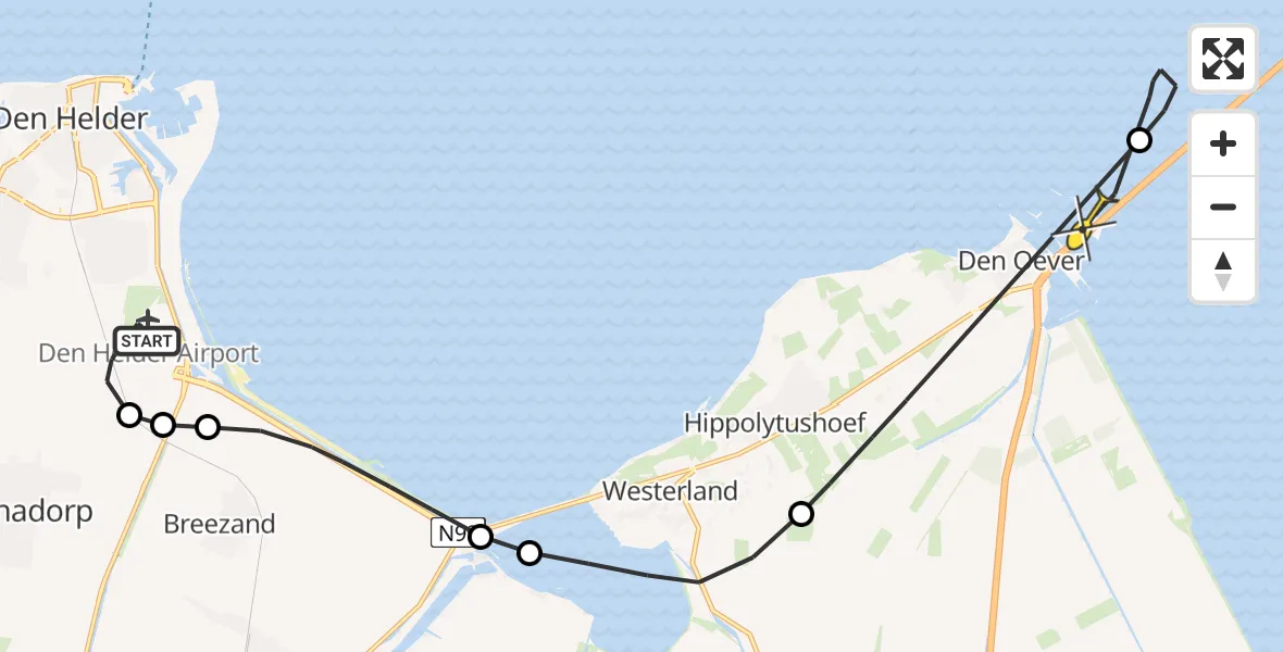 Routekaart van de vlucht: Kustwachthelikopter naar Den Oever, Middenvliet