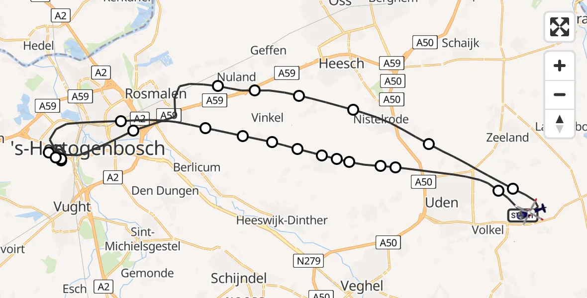 Vluchtroute Politiehelikopter van Vliegbasis Volkel naar Vliegbasis Volkel
