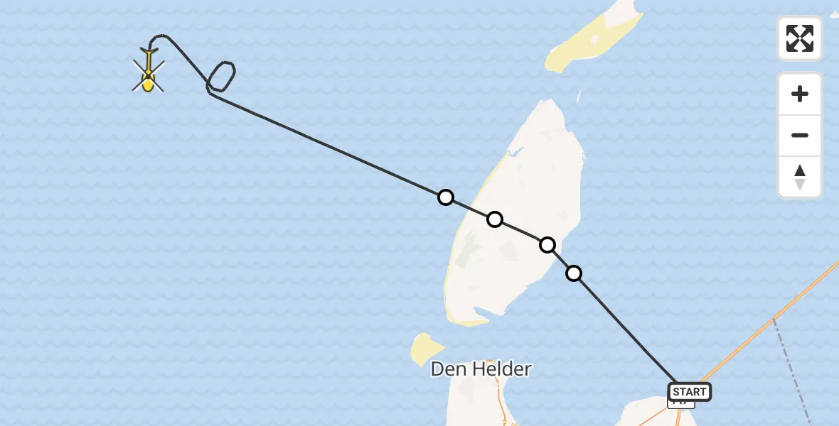 Routekaart van de vlucht: Kustwachthelikopter naar Vaarwater naar Den Oever