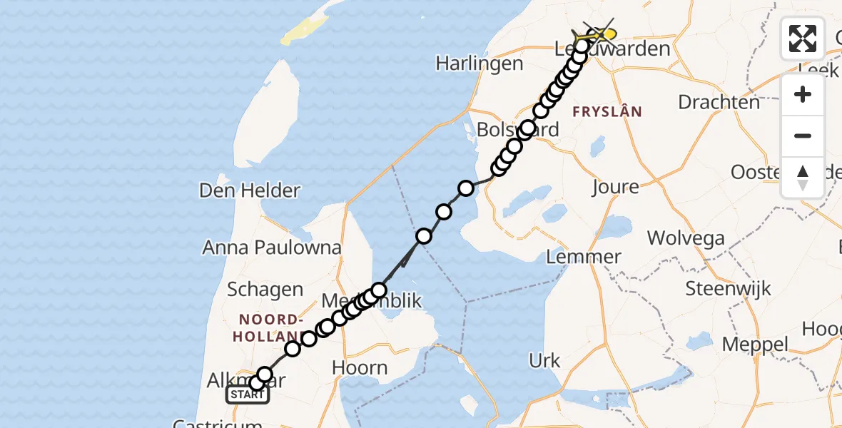 Routekaart van de vlucht: Ambulanceheli naar Vliegbasis Leeuwarden, Omval