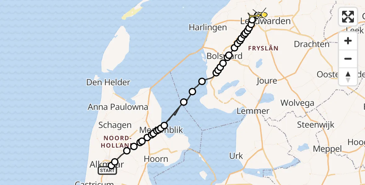 Routekaart van de vlucht: Ambulancehelikopter naar Vliegbasis Leeuwarden, Omval