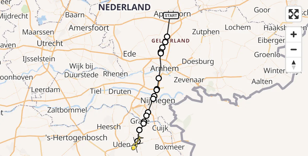 Routekaart van de vlucht: Politieheli naar Volkel, Billitonlaan