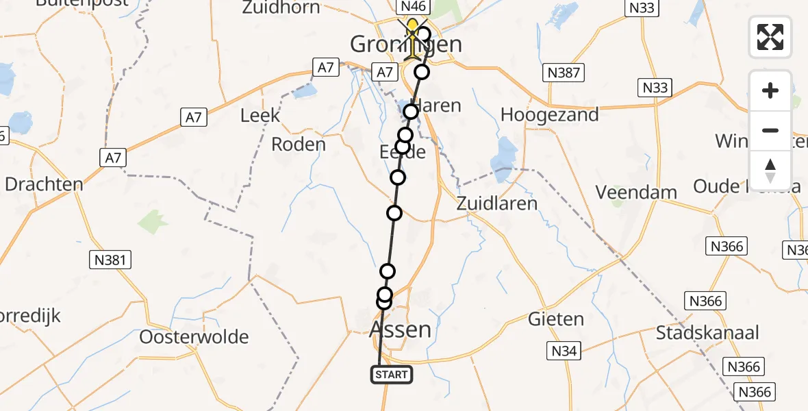 Routekaart van de vlucht: Lifeliner 4 naar Universitair Medisch Centrum Groningen, De Haar