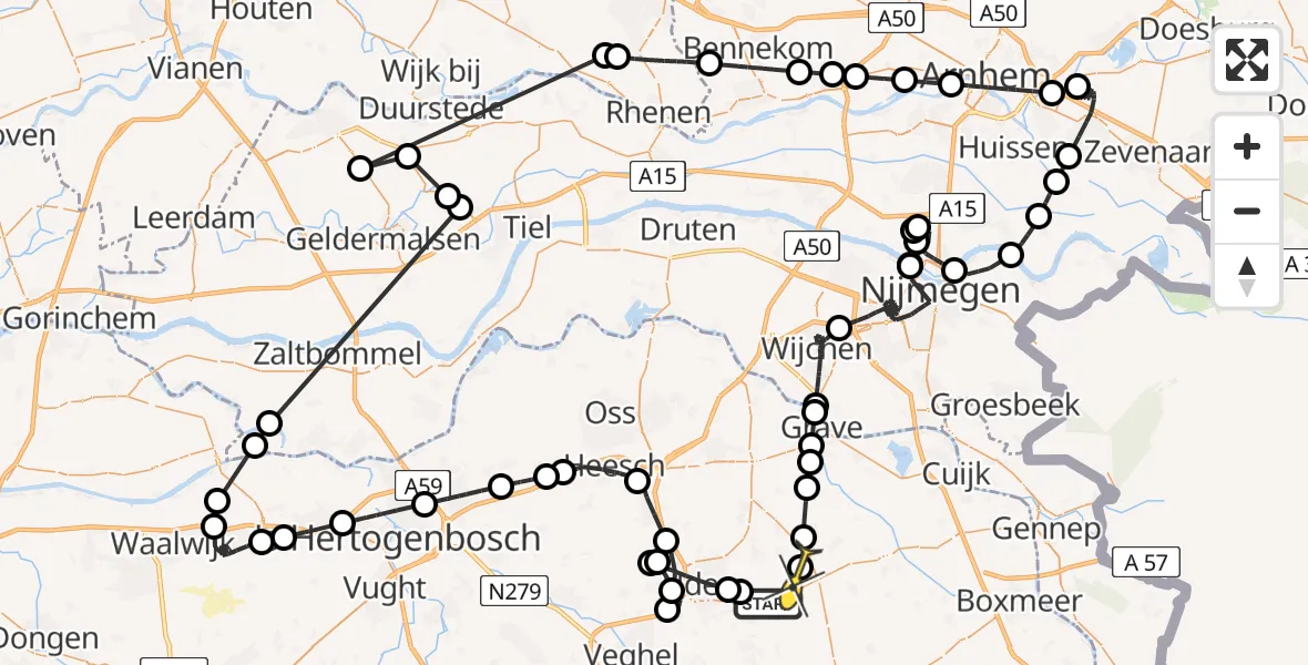 Routekaart van de vlucht: Politieheli naar Volkel, Liessentstraat