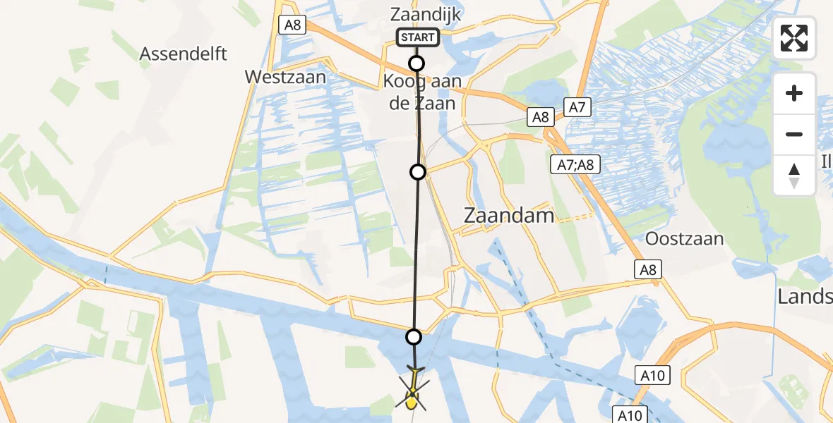 Routekaart van de vlucht: Lifeliner 1 naar Amsterdam Heliport, Julianastraat