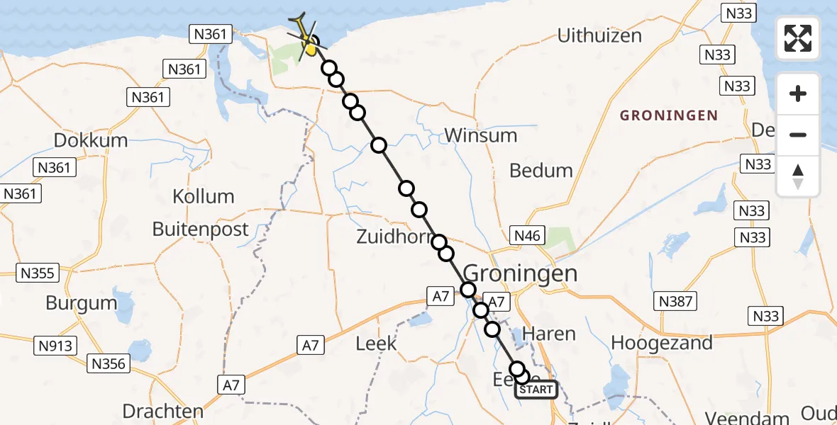 Routekaart van de vlucht: Lifeliner 4 naar Lauwersoog, Eskampenweg