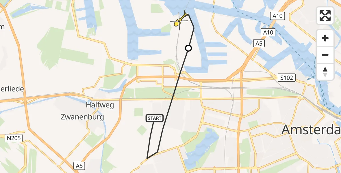 Routekaart van de vlucht: Lifeliner 1 naar Amsterdam Heliport, Jan Rebelstraat