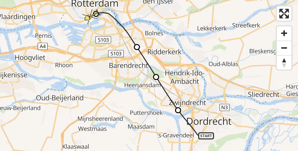 Routekaart van de vlucht: Lifeliner 2 naar Erasmus MC, Bijwater