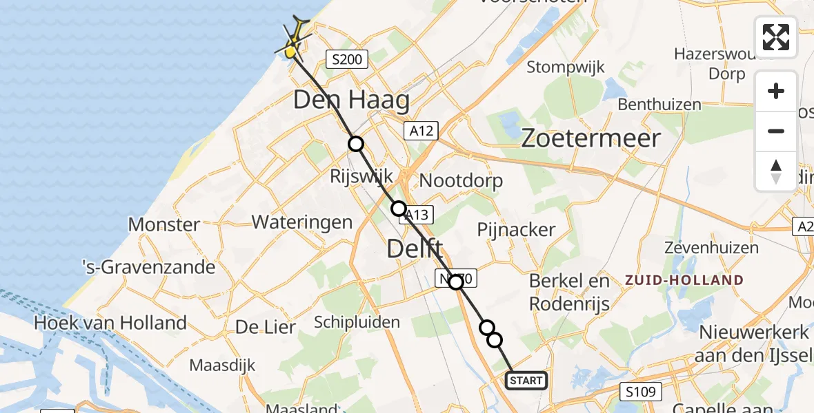 Routekaart van de vlucht: Lifeliner 2 naar Den Haag, Strandweg