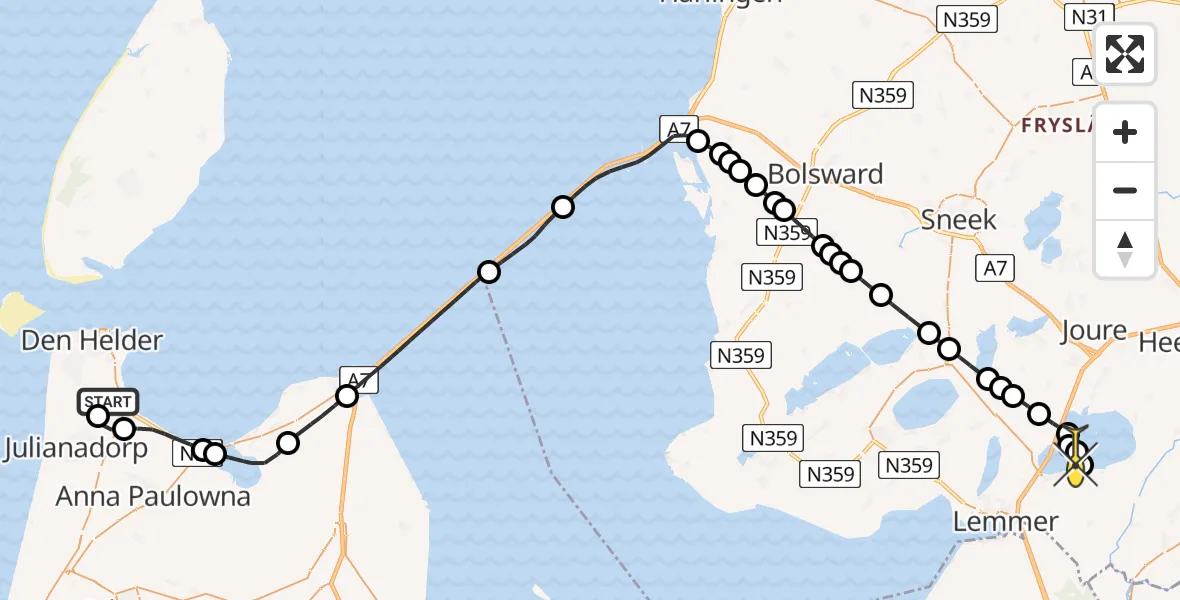 Routekaart van de vlucht: Kustwachthelikopter naar Oosterzee, Maria's hoeve