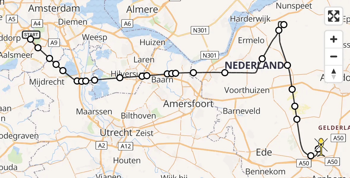 Routekaart van de vlucht: Politiehelikopter naar Vliegbasis Deelen, Halim P.K. straat