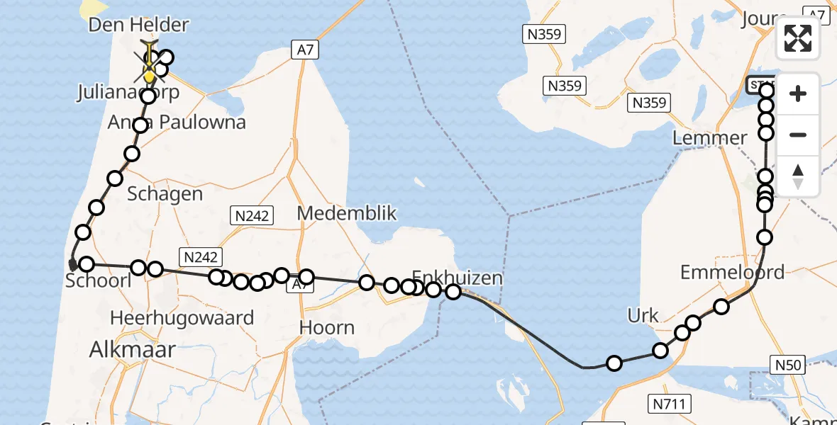 Routekaart van de vlucht: Kustwachthelikopter naar Vliegveld De Kooy, Tsjûkemar