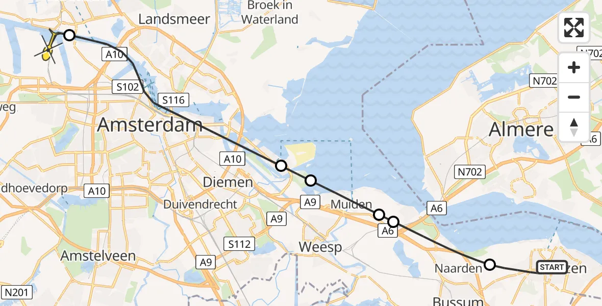 Routekaart van de vlucht: Lifeliner 1 naar Amsterdam Heliport, Crailoseweg