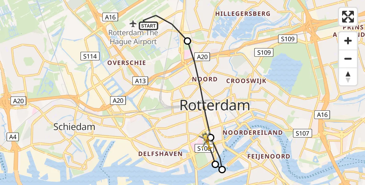 Vluchtroute Traumahelikopter van Rotterdam The Hague Airport naar Erasmus MC