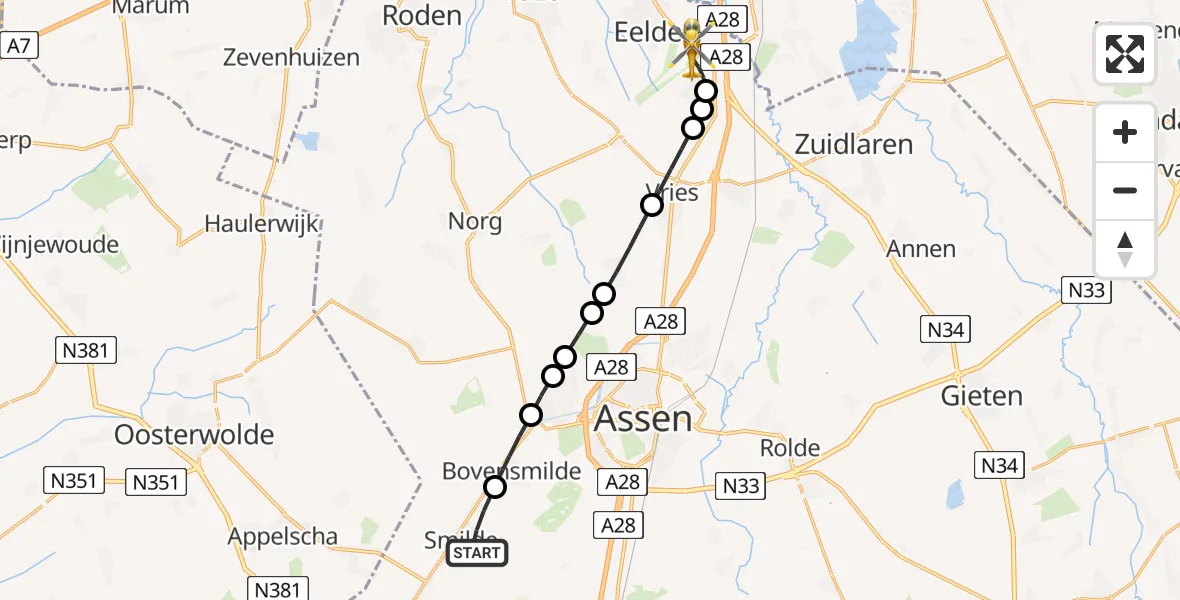 Vluchtroute Traumahelikopter Smilde - Groningen Airport Eelde, 10 oktober 2024, 10:12