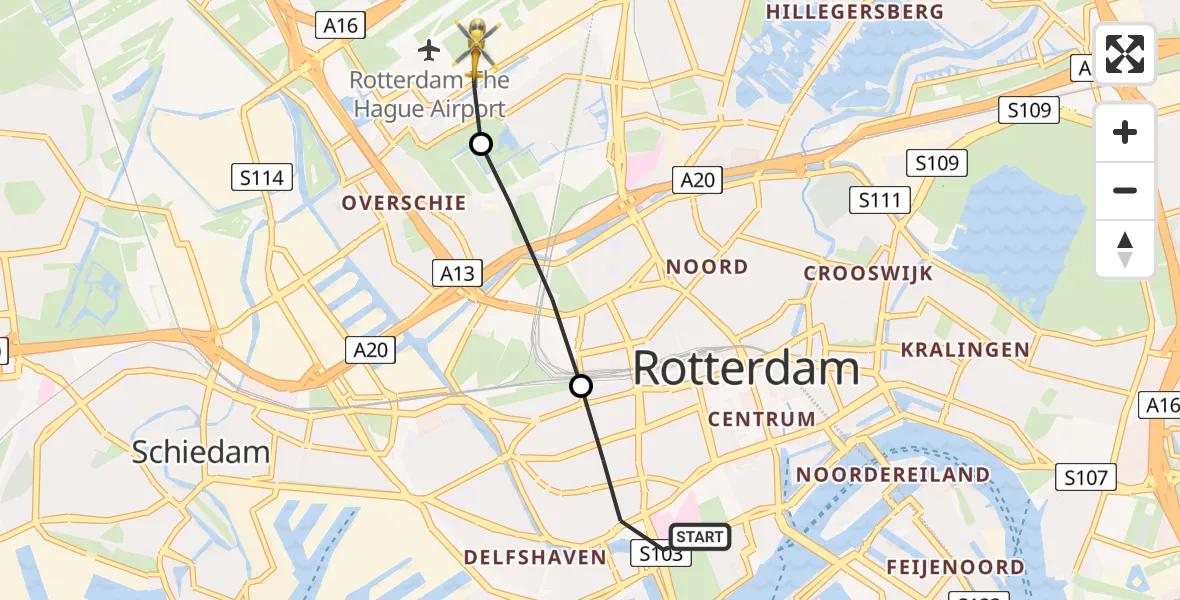 Vluchtroute Traumahelikopter van Erasmus MC naar Rotterdam The Hague Airport