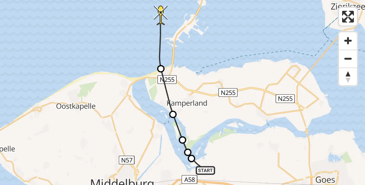 Routekaart van de vlucht: Kustwachthelikopter naar Vrouwenpolder, Calandweg