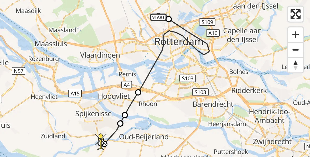 Routekaart van de vlucht: Lifeliner 2 naar Nieuw-Beijerland, Fairoaksbaan