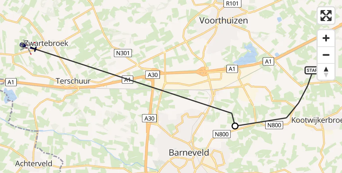 Vluchtroute Politiehelikopter Kootwijkerbroek - Zwartebroek, 10 oktober 2024, 12:33