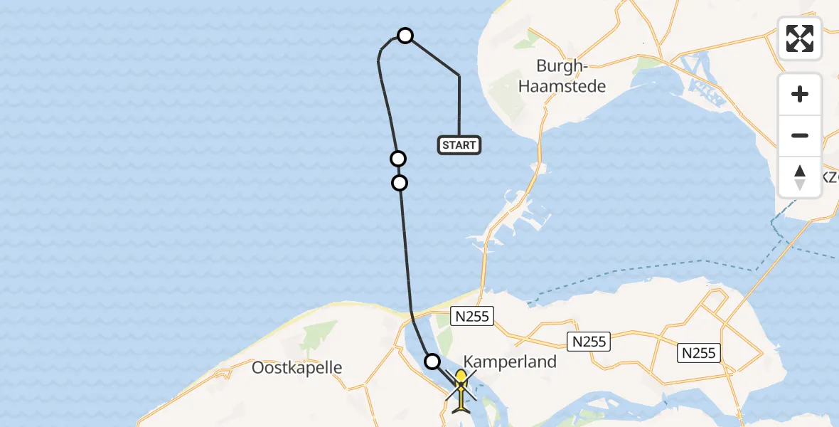Routekaart van de vlucht: Kustwachthelikopter naar Veere, Mosselplaat