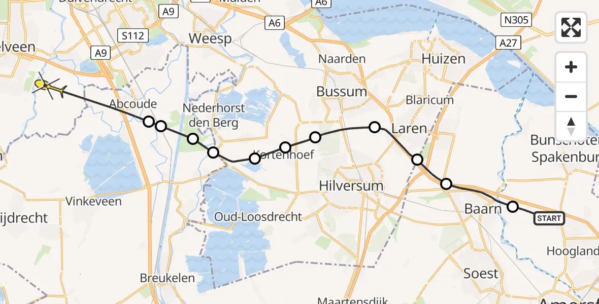 Routekaart van de vlucht: Politiehelikopter naar Ouderkerk aan de Amstel, Oude Lodijk
