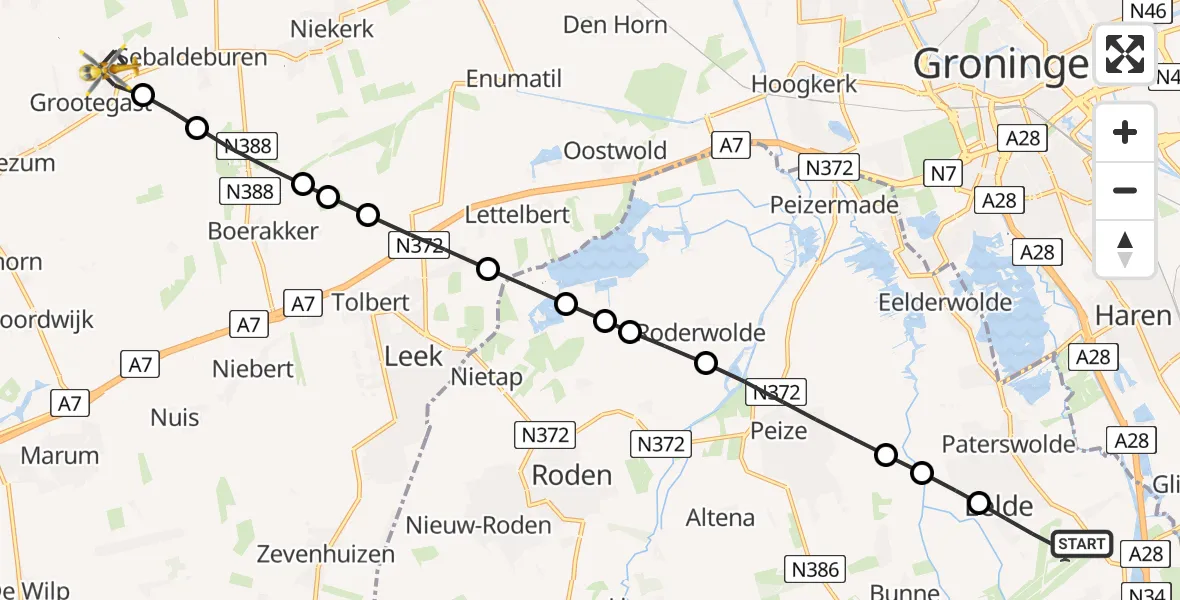 Vluchtroute Traumahelikopter Groningen Airport Eelde - Grootegast, 10 oktober 2024, 13:18