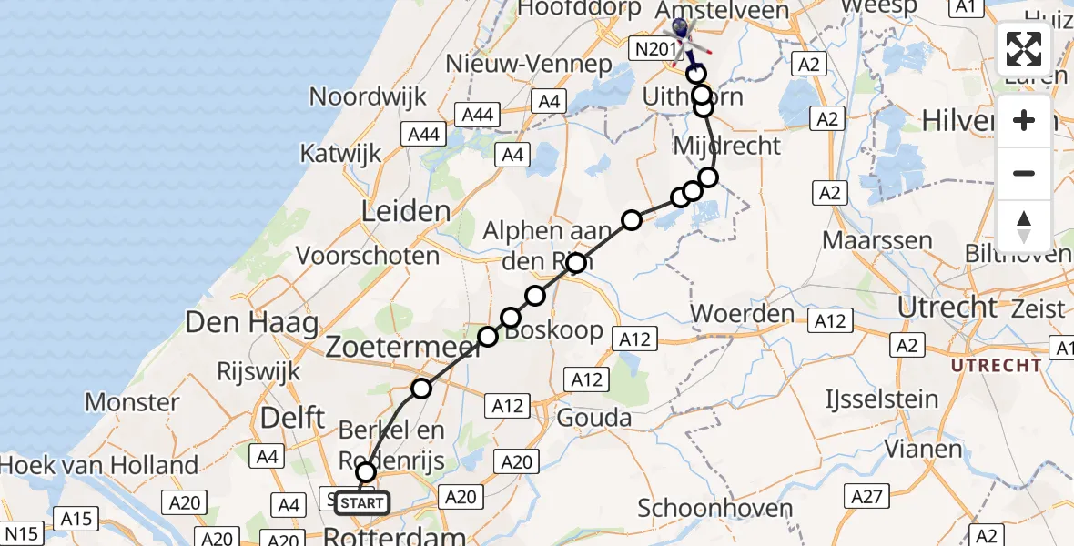 Routekaart van de vlucht: Politiehelikopter naar Amstelveen, A16 Rotterdam
