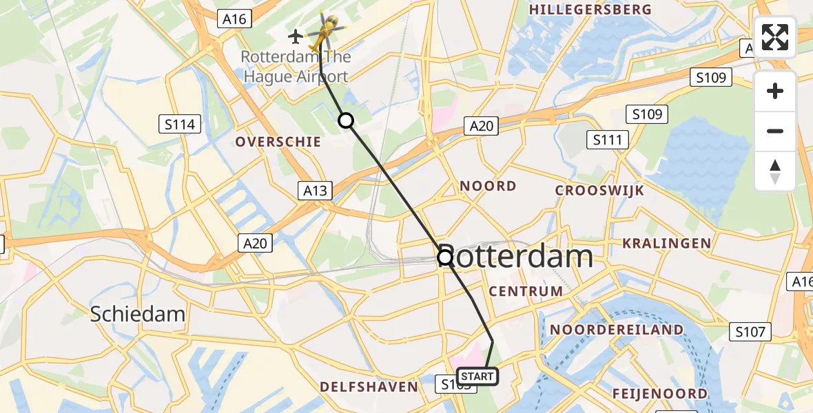 Vluchtroute Traumahelikopter van Erasmus MC naar Rotterdam The Hague Airport