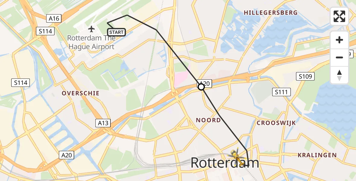 Vluchtroute Traumahelikopter van Rotterdam The Hague Airport naar Rotterdam