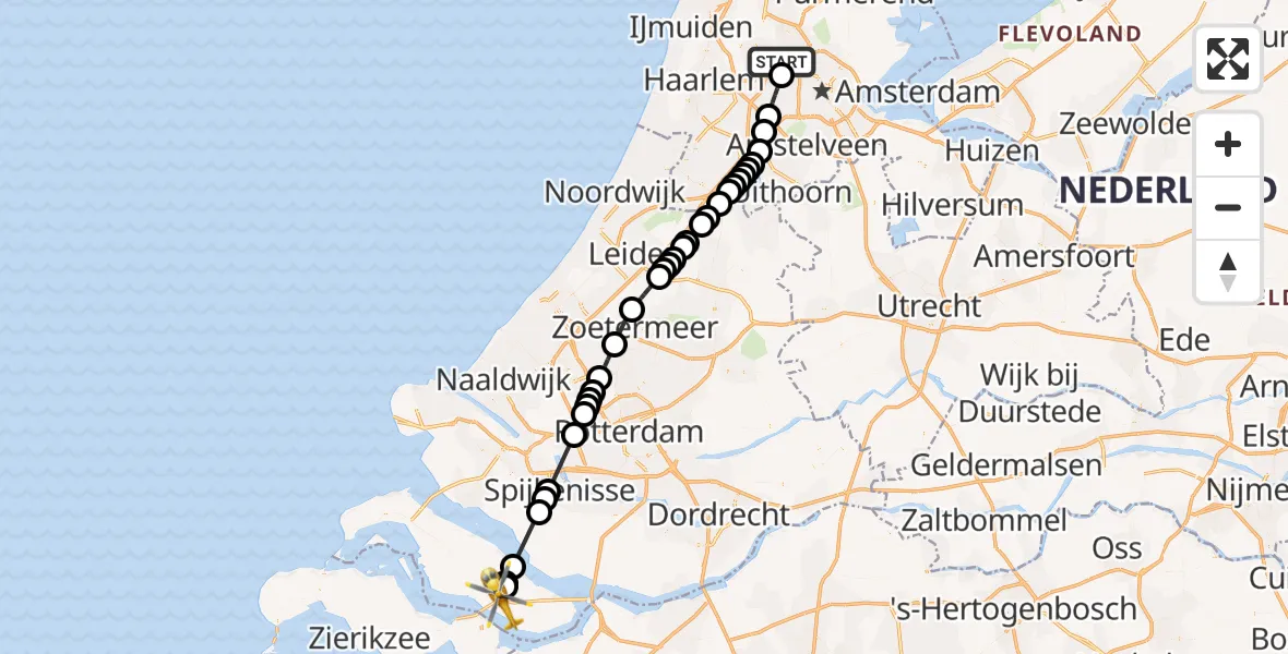 Vluchtroute Traumahelikopter Amsterdam Heliport - Oude-Tonge, 10 oktober 2024, 15:53