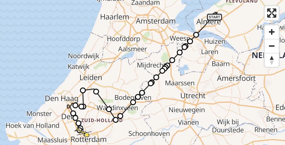 Routekaart van de vlucht: Politiehelikopter naar Rotterdam The Hague Airport, Pirellipad