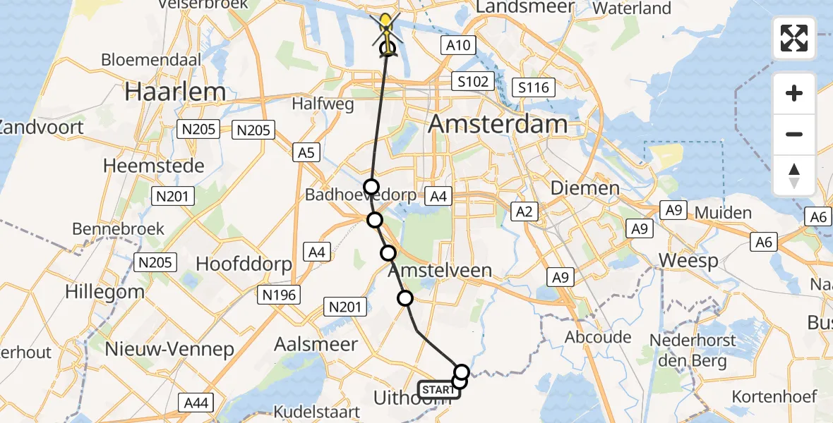 Routekaart van de vlucht: Lifeliner 1 naar Amsterdam Heliport, Nessersluis