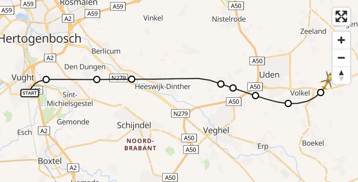 Vluchtroute Traumahelikopter Vught - Vliegbasis Volkel, 10 oktober 2024, 18:30