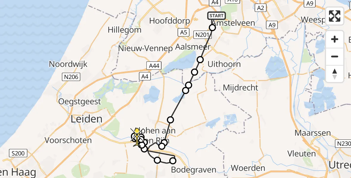 Routekaart van de vlucht: Politiehelikopter naar Koudekerk aan den Rijn, Zanderijstraat