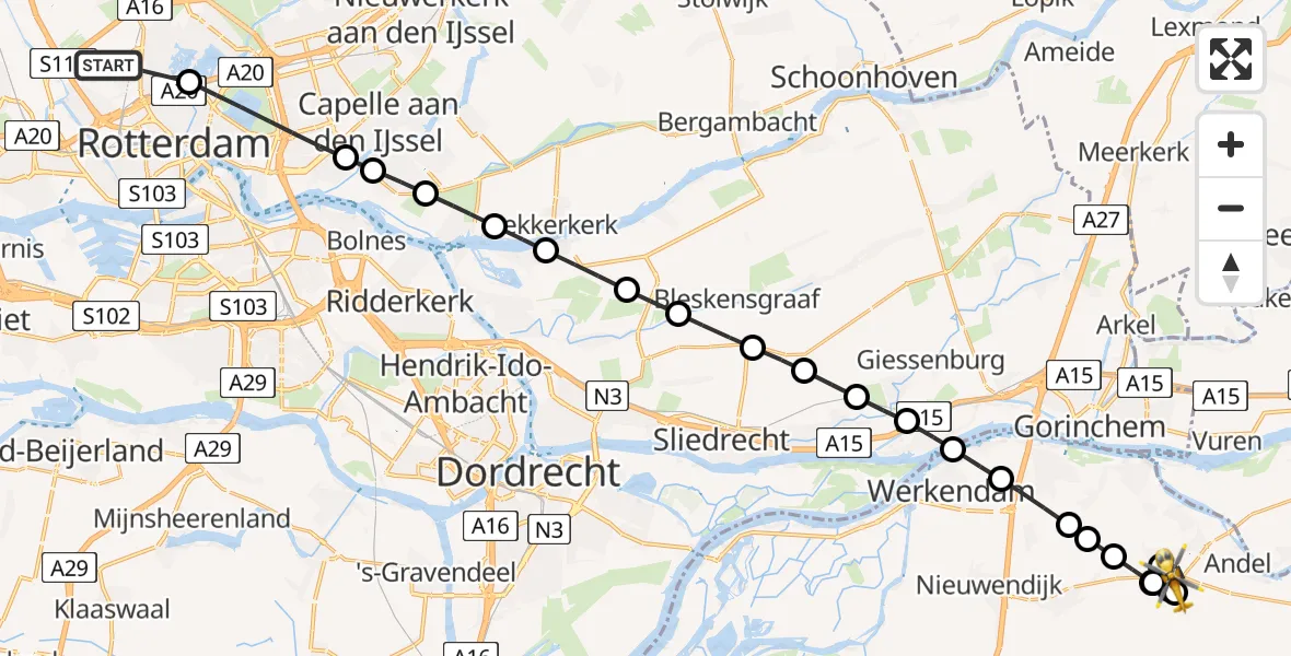 Vluchtroute Traumahelikopter van Rotterdam The Hague Airport naar Giessen