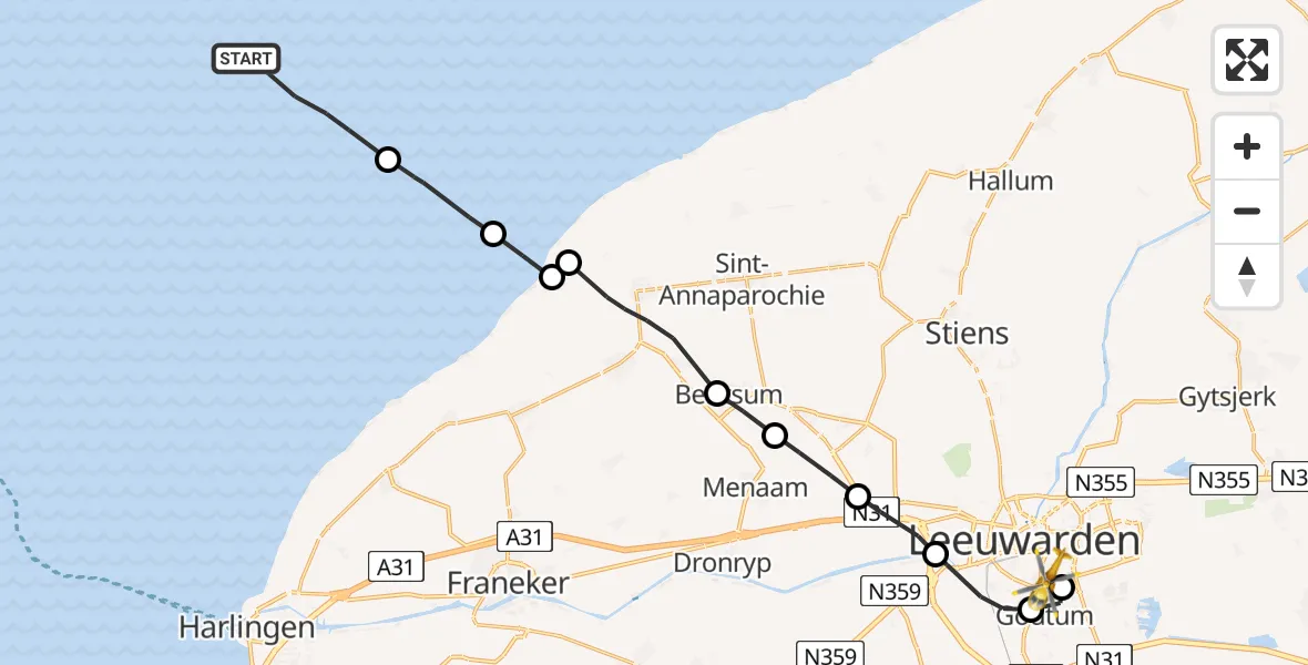 Vluchtroute Ambulancehelikopter Oosterend - Leeuwarden, 10 oktober 2024, 22:37