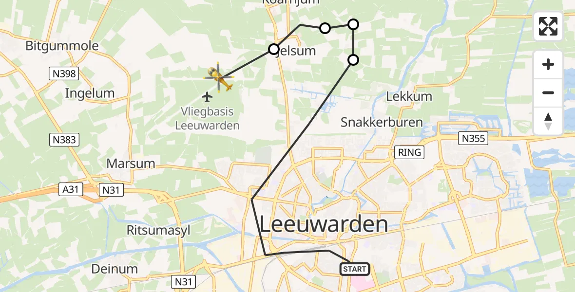 Vluchtroute Ambulancehelikopter Leeuwarden - Vliegbasis Leeuwarden, 10 oktober 2024, 23:12