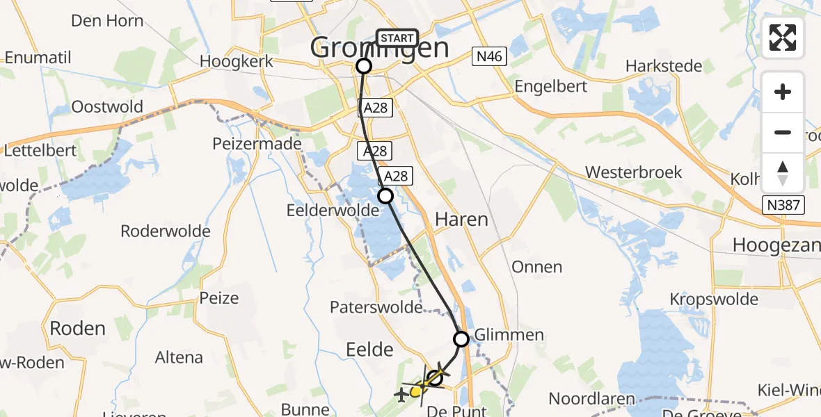 Routekaart van de vlucht: Lifeliner 4 naar Groningen Airport Eelde, Broerplein