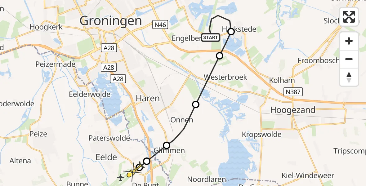 Routekaart van de vlucht: Lifeliner 4 naar Groningen Airport Eelde, voormalige roeibaan