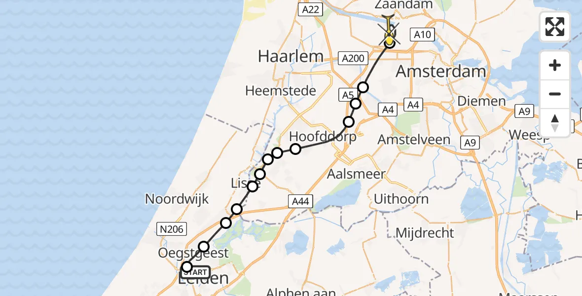 Routekaart van de vlucht: Lifeliner 1 naar Amsterdam Heliport, Wassenaarseweg